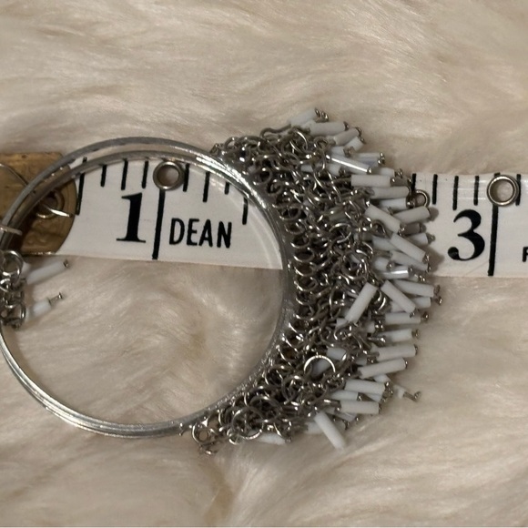 Large silver tone Hoop Earrings with hook backs. Chain dangle White Bead - Picture 6 of 10